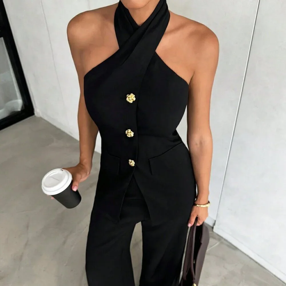 Black Casual Chic Women's Two Piece Top and Pants Office Set